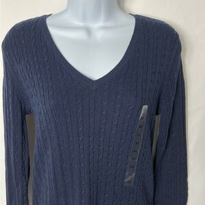 New Jones New York Navy Blue Cable Knit V Neck Women’s Size Medium Sweater Shirt